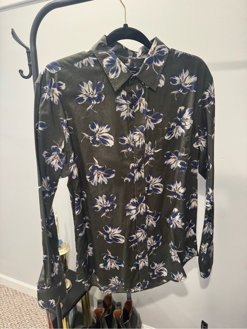 Club Monaco Olive Green Floral Button-Down Shirt